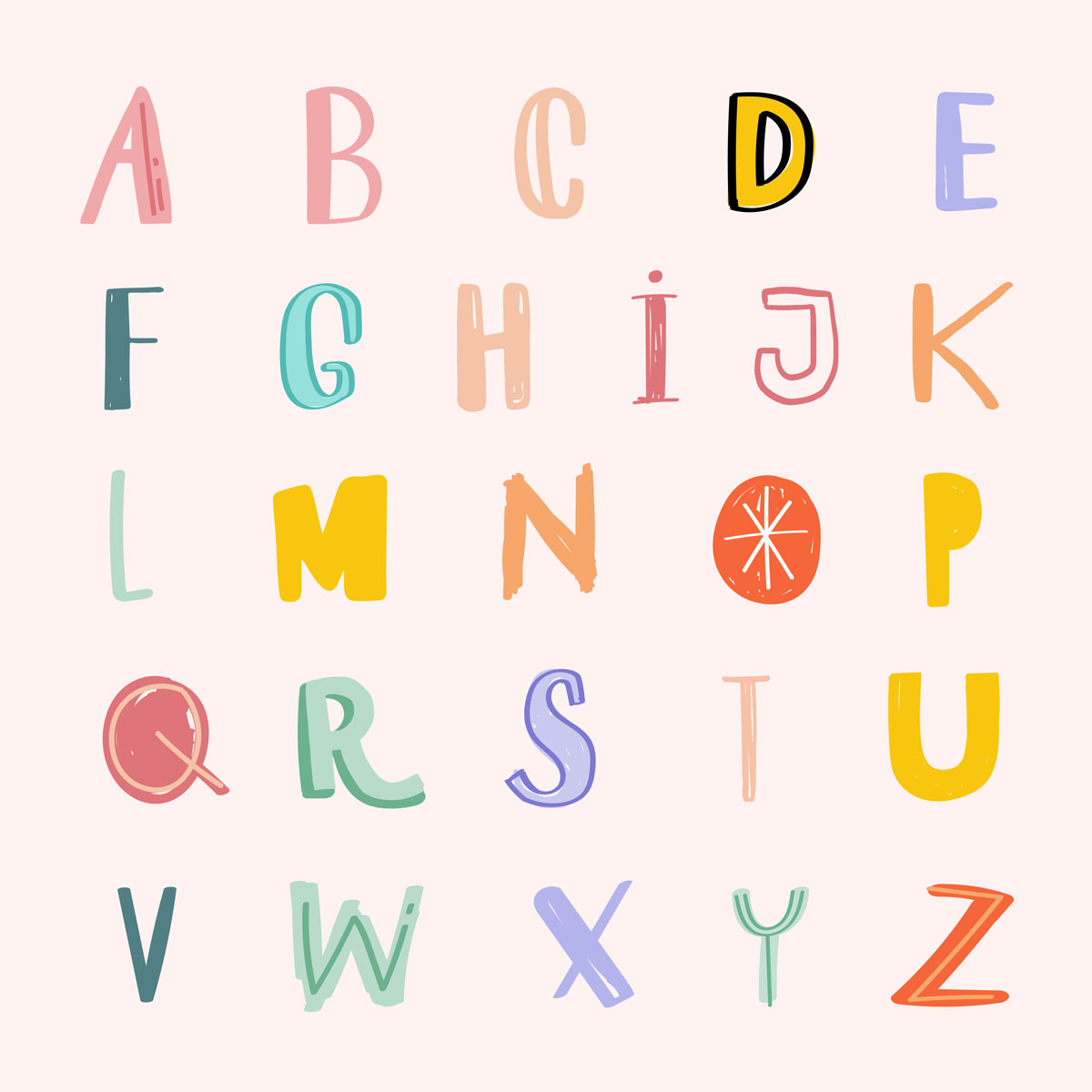 Coloridas letras mayúsculas dibujadas a mano dispuestas en cinco filas sobre un fondo claro, con cada letra en un estilo y color únicos.