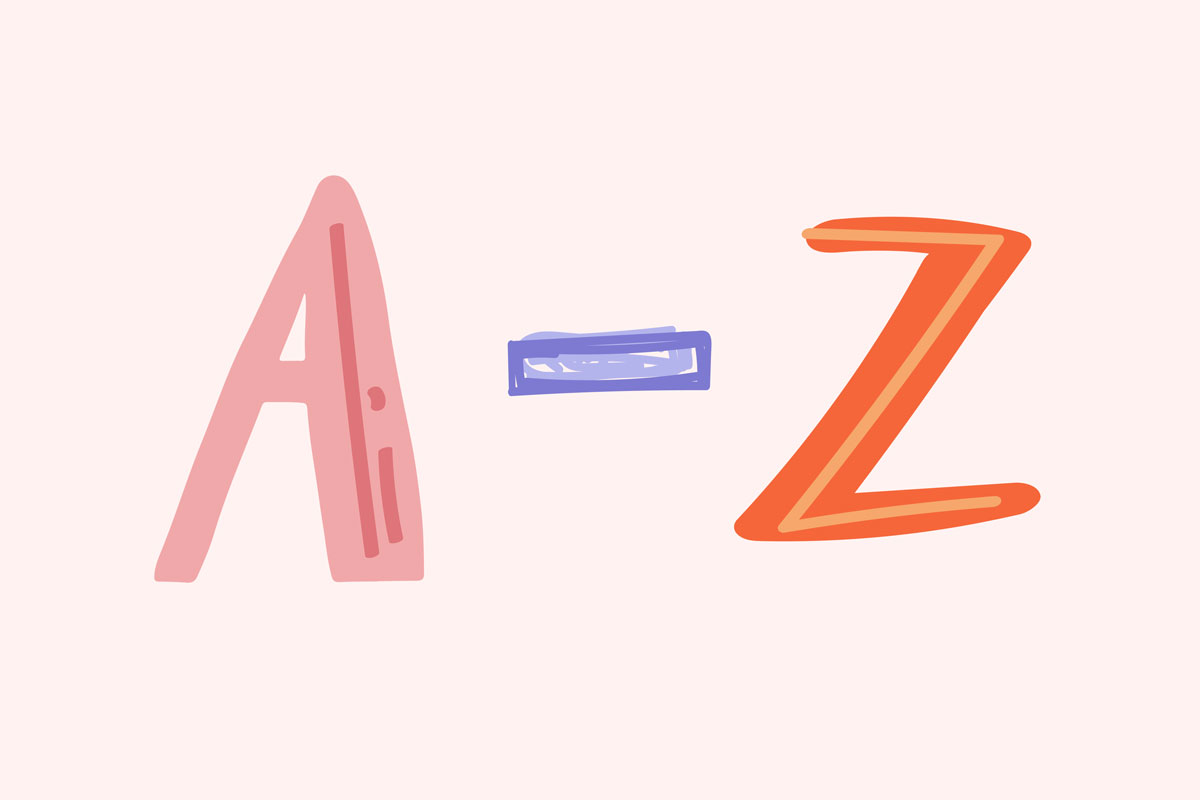 Ilustración de una gran "A" rosa, un guión morado y una gran "Z" naranja sobre fondo pálido, que representan la frase "De la A a la Z".
