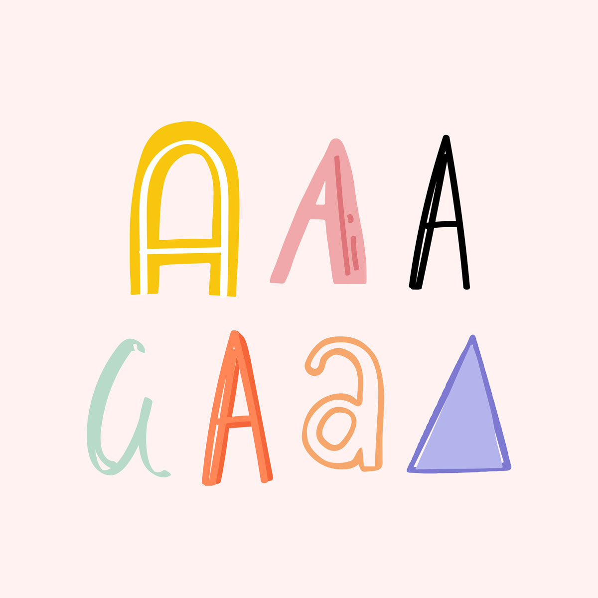 Seis letras y formas estilizadas dispuestas en dos filas sobre fondo claro, entre ellas varias formas de la letra "A" y un triángulo.