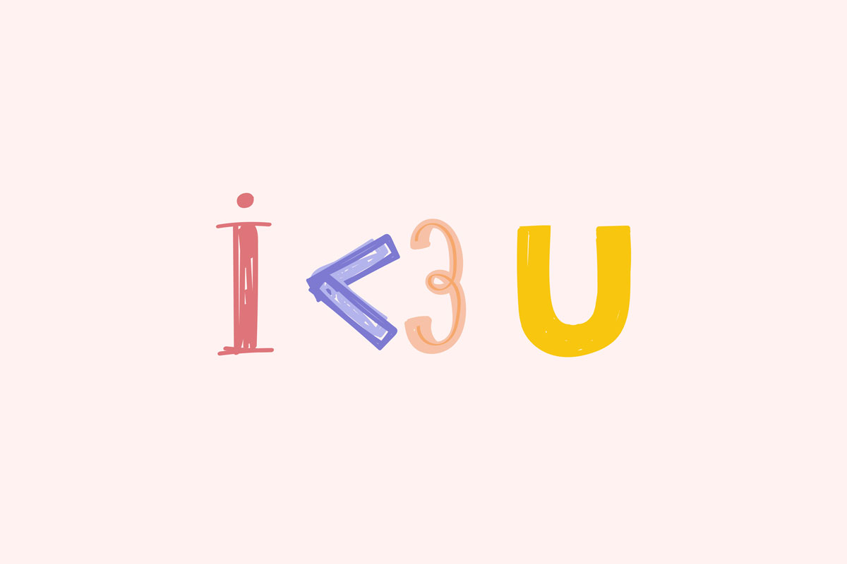 La imagen muestra los caracteres "I", un signo menos que y un "3" de lado, y "U" en fuentes coloridas y juguetonas sobre un fondo claro, representando "Te quiero".