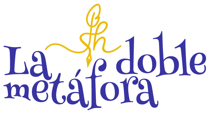 El colorido texto del logotipo reza "La doble metáfora" en azul y dorado, con un plumín de estilográfica formando parte de la letra "d" de "doble".