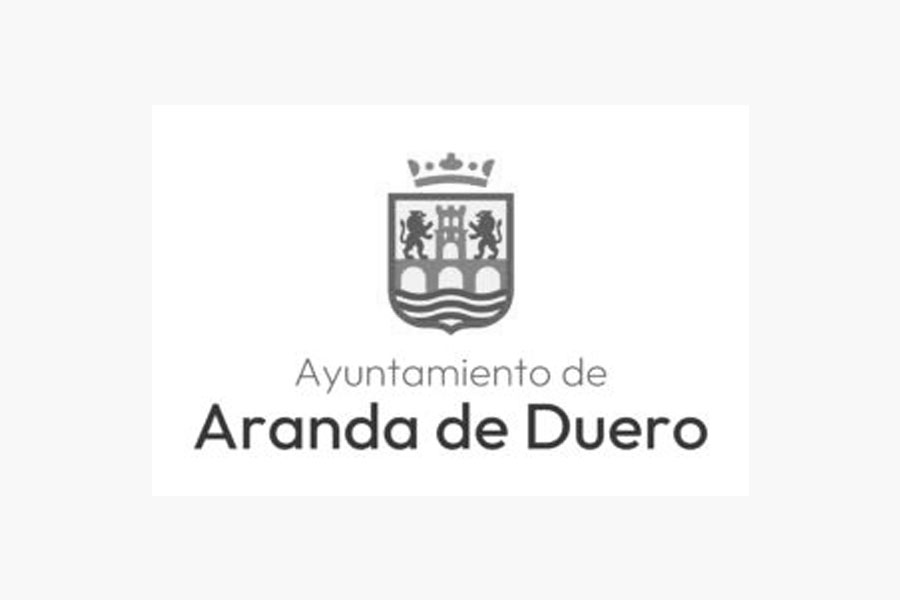 Logotipo en blanco y negro del Ayuntamiento de Aranda de Duero, con un escudo con una corona y dos leones sobre un texto estilizado.
