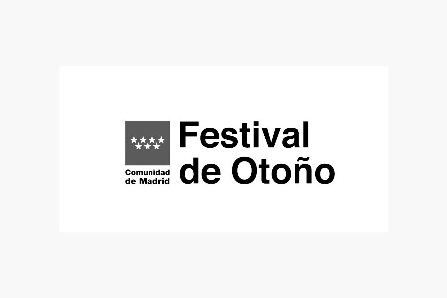 Logotipo en blanco y negro del "Festival de Otoño" con el texto "Comunidad de Madrid" y un cuadrado con siete estrellas blancas.